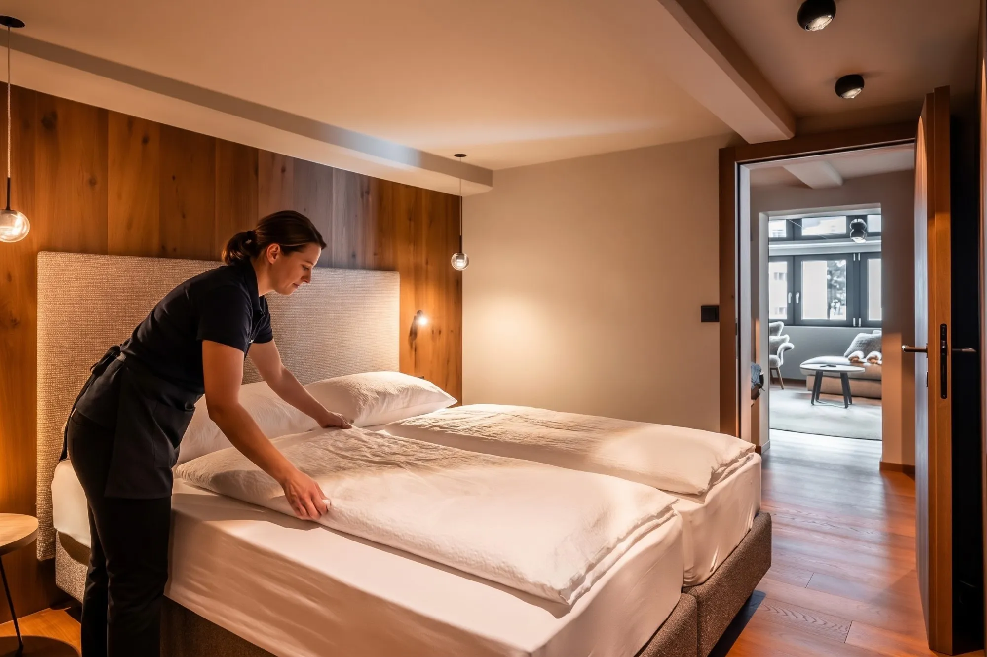 Eine Mitarbeiterin bezieht ein Doppelbett in einem Schlafzimmer mit Holzwand und warmem Licht.